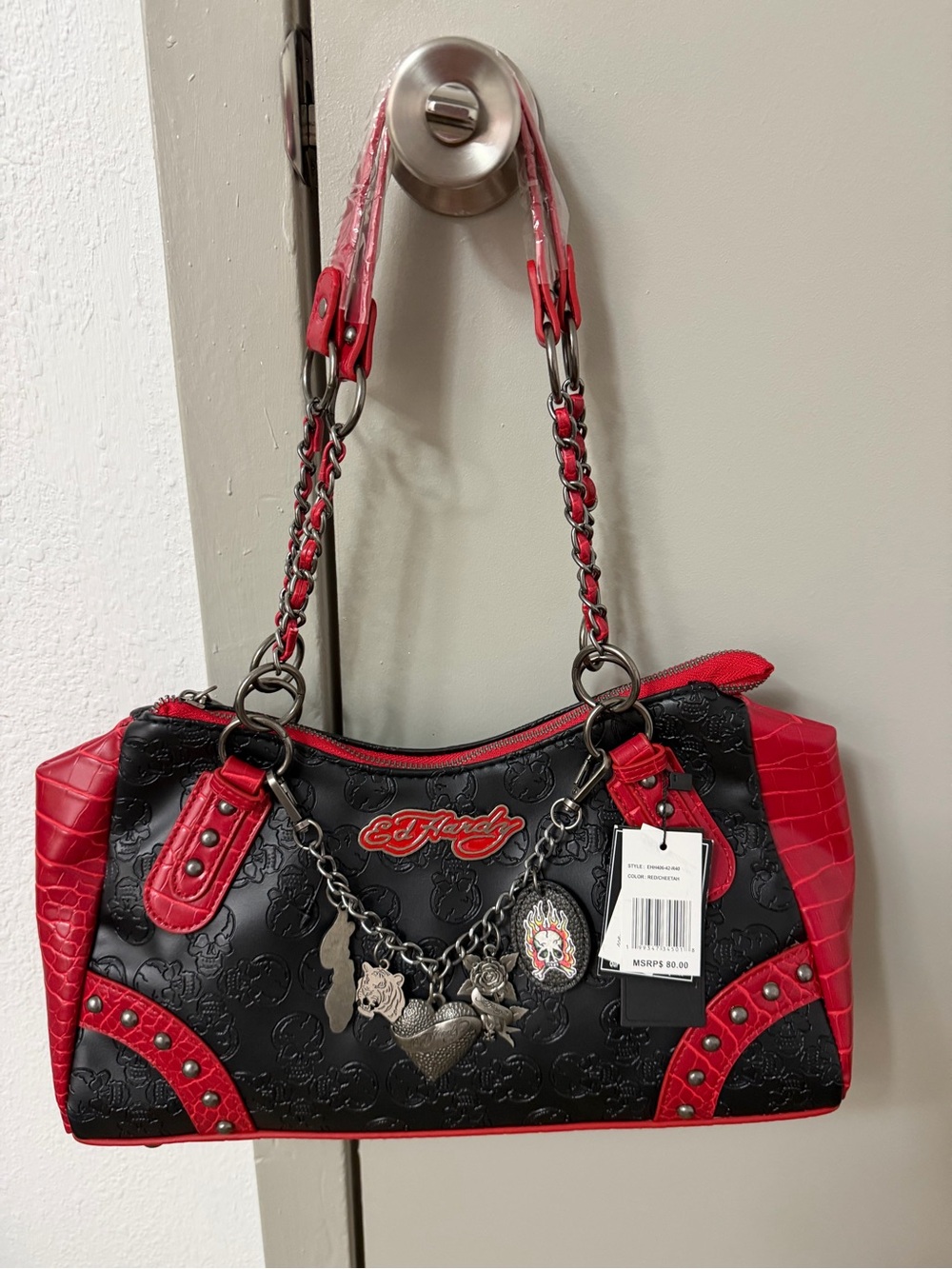 Ed Hardy Y2K Skull Charm Shoulder Bag Black Red NWT